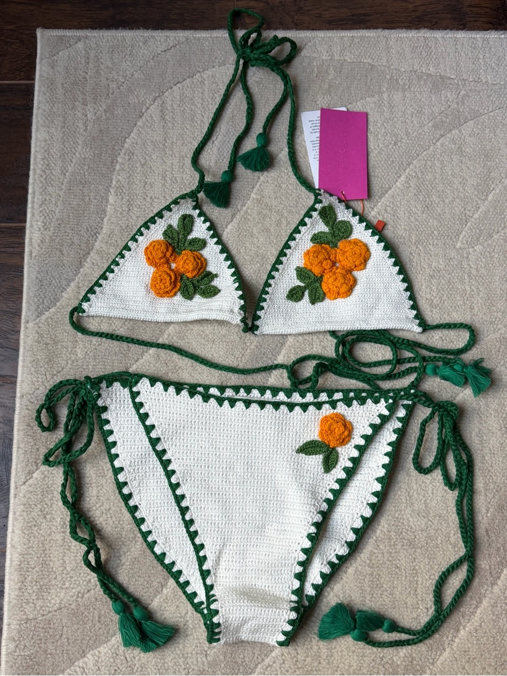RHODE White 100% Cotton Crochet Bikini Floral Rose Appliqué Top & Bottom